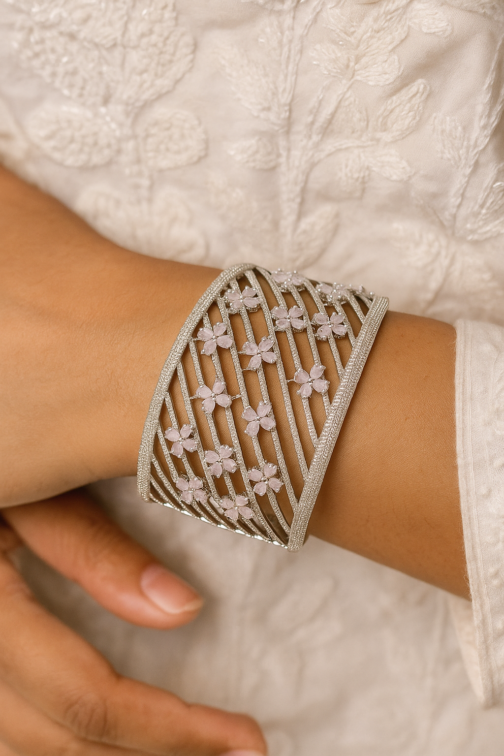 Pink Floral Diamond Look Openable Bracelet